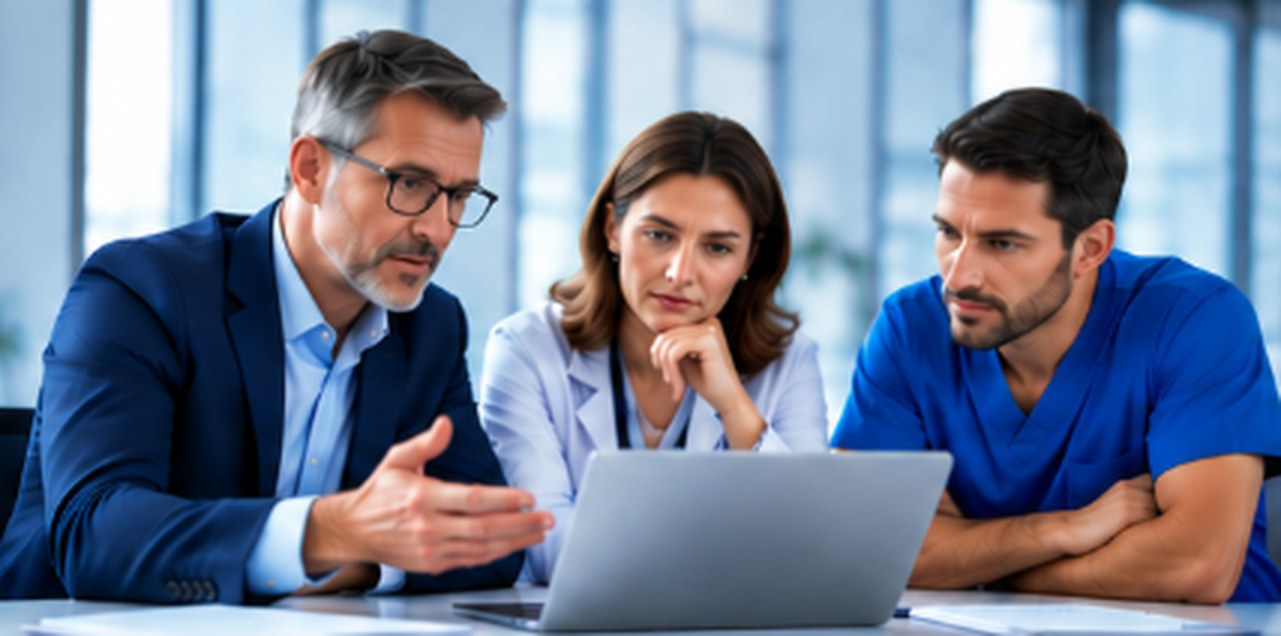 Advisor reviewing practice performance with radiology staff